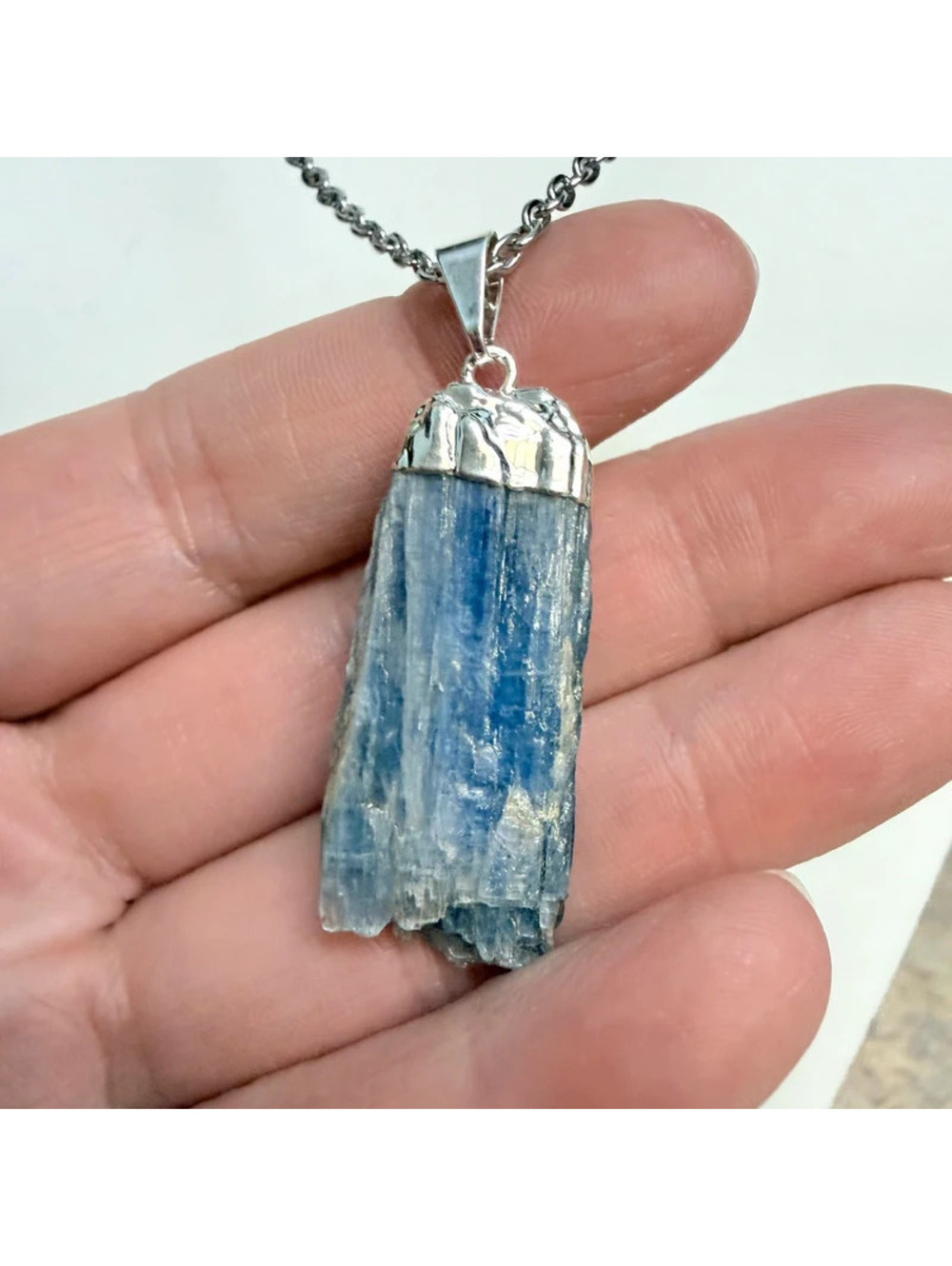 Raw Blue Kyanite Pendant Necklace Natural Crystal Healing Blade Boho Jewelry 18”